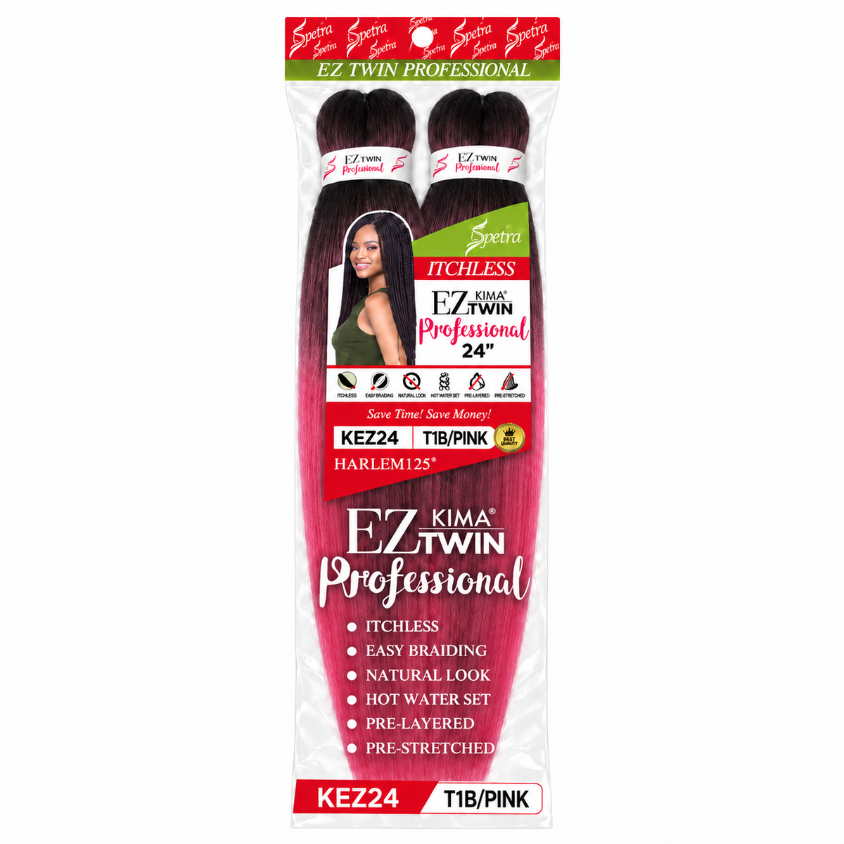 Harlem125 Kima EZ Twin Pre-Stretched Braiding Hair 24" — T1B/PINK full package on white