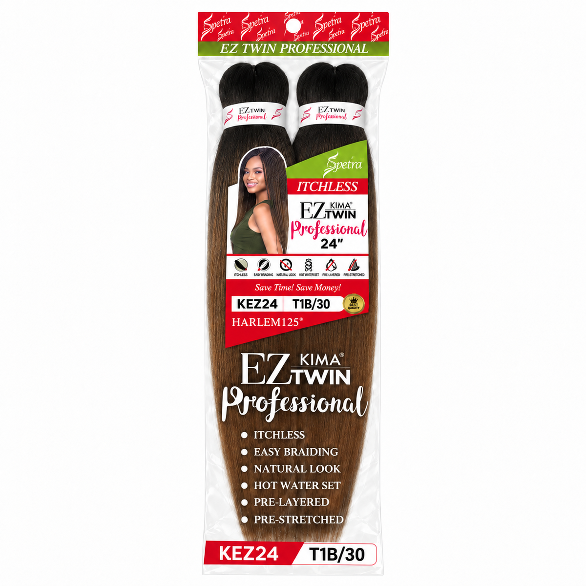 Harlem125 Kima EZ Twin Pre-Stretched Braiding Hair 24" — T1B/30 full package on white