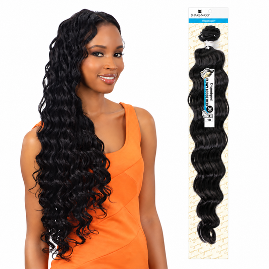 Shake-N-Go Organique Master Mix Weave - FLOWY LOOSE DEEP 30 styling model beside full retail package