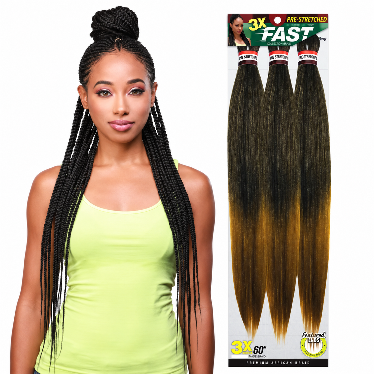 Zury 3X Fast Pre-Stretched Braiding Hair 60" — model and full package on white