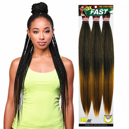 Zury 3X Fast Pre-Stretched Braiding Hair 60" — model and full package on white