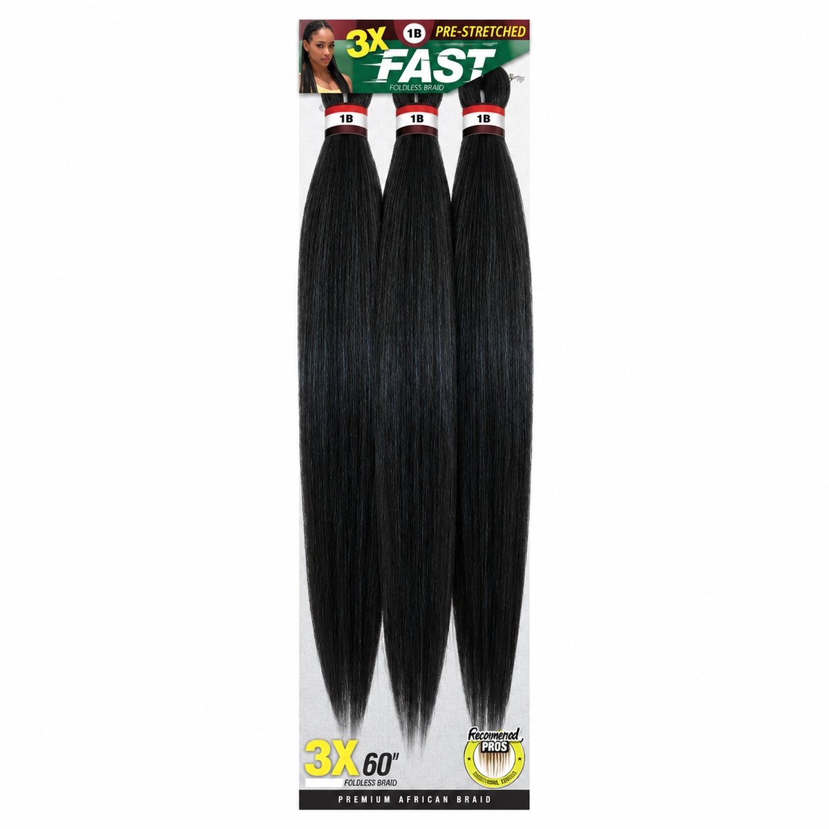 Zury 3X Fast Pre-Stretched Braiding Hair 60" — 1B full package on white