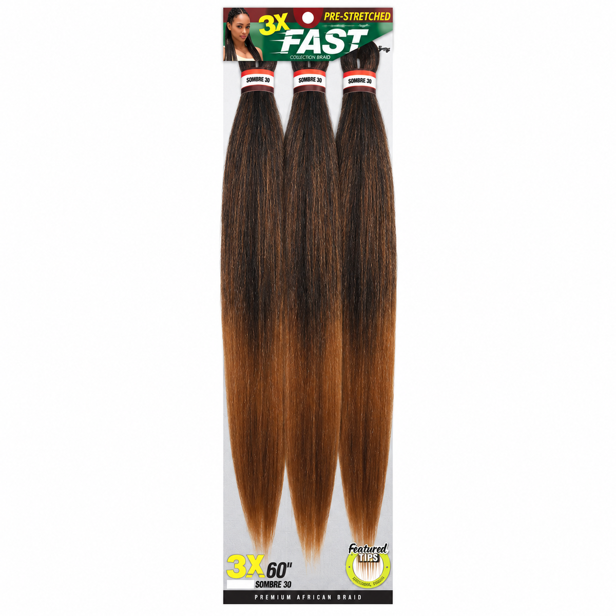 Zury 3X Fast Pre-Stretched Braiding Hair 60" — Sombre 30 full package on white