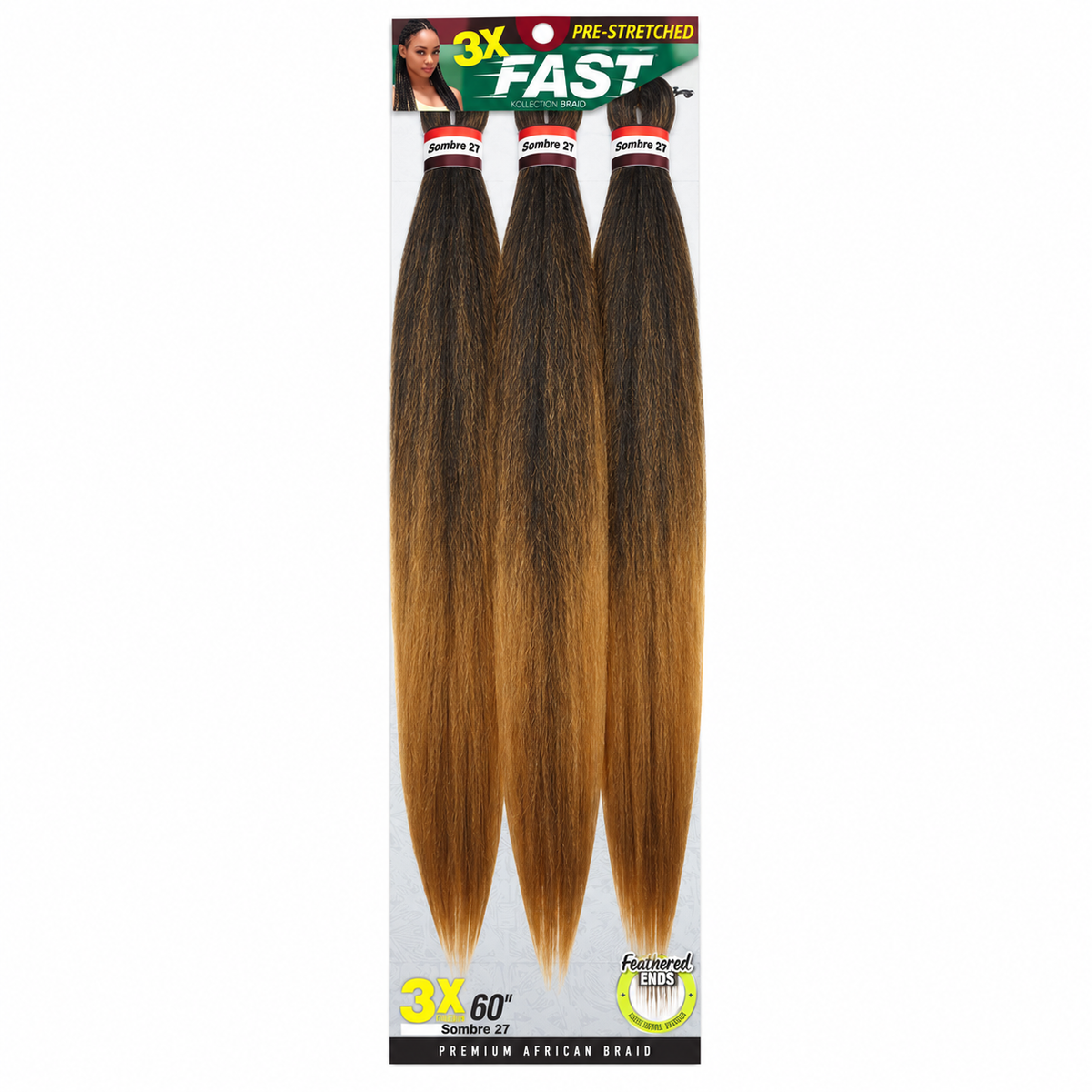 Zury 3X Fast Pre-Stretched Braiding Hair 60" — Sombre 27 full package on white