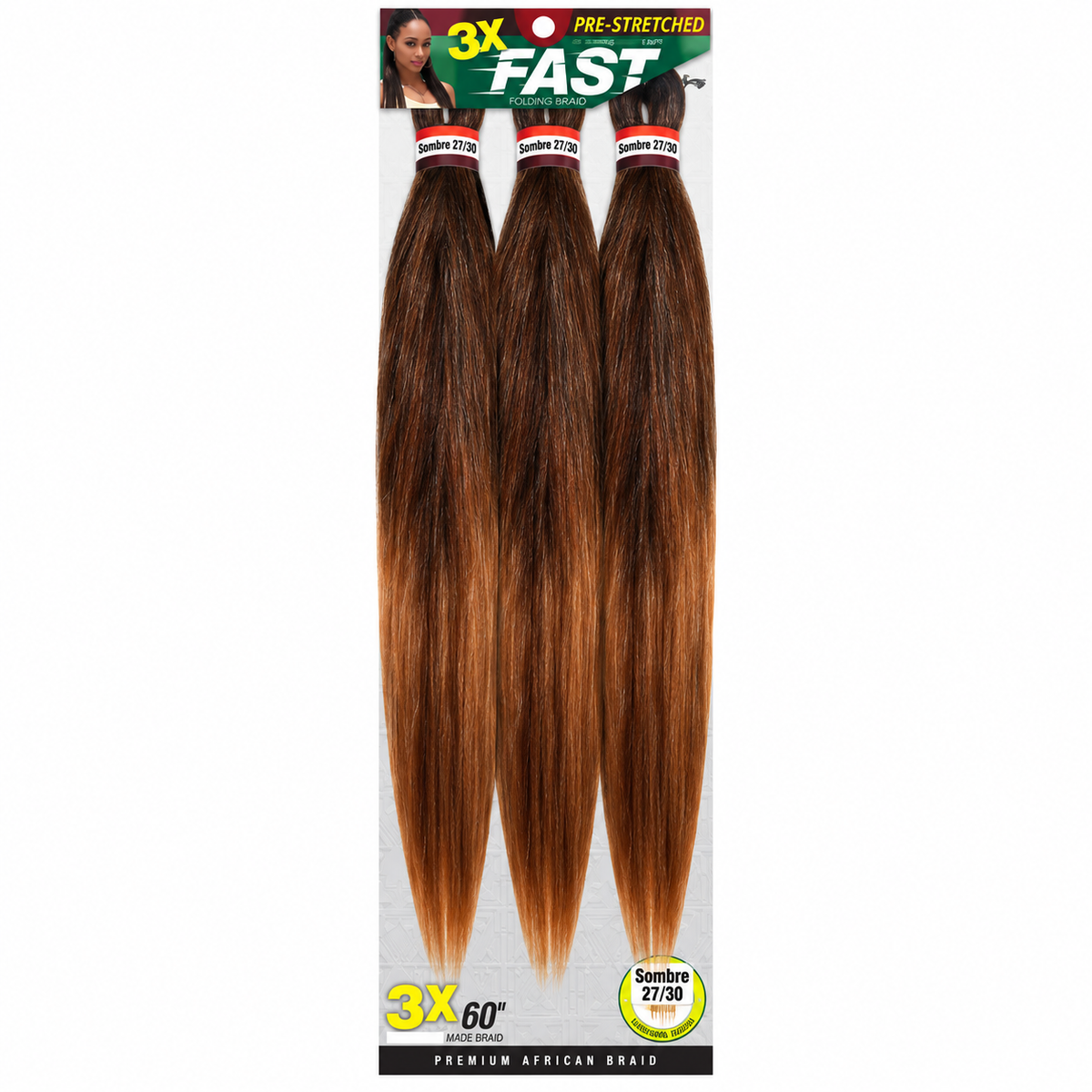 Zury 3X Fast Pre-Stretched Braiding Hair 60" — Sombre 27/30 full package on white