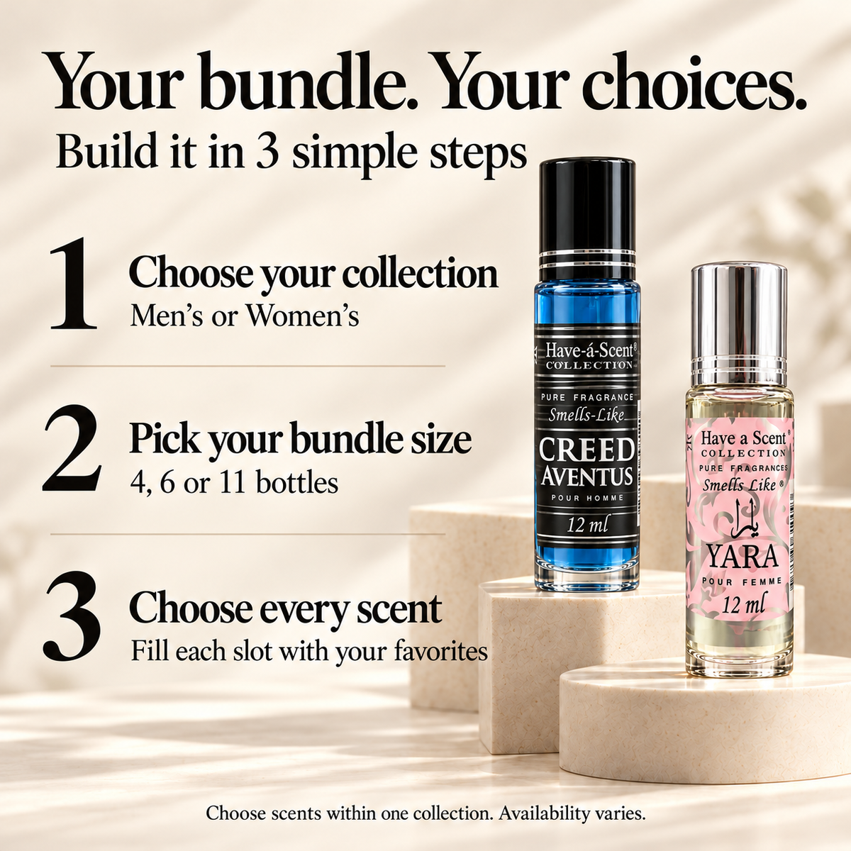 How to build your Have A Scent perfume oil bundle: choose Men's or Women's, select 4, 6 or 11 bottles, then choose each scent within that collection.