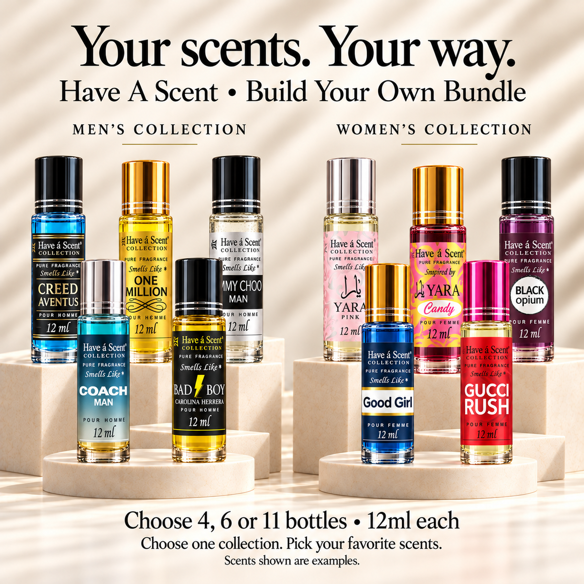 Have A Scent build-your-own perfume oil bundle, showing five Men's and five Women's example scents in separate groups. Choose one collection and 4, 6 or 11 bottles, 12ml each.