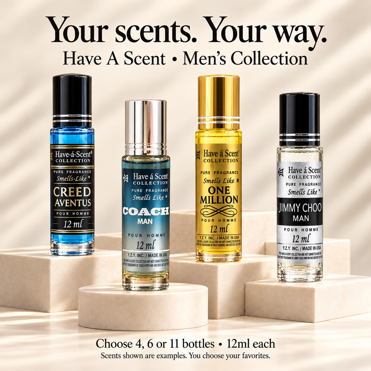 Have A Scent Men's Collection perfume oil bundle, with four example 12ml scents including blue Creed Aventus. Choose 4, 6 or 11 bottles.