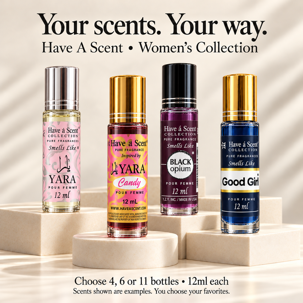 Have A Scent Women's Collection perfume oil bundle, with four example 12ml scents: Yara Pink, Yara Candy, Black Opium and Good Girl. Choose 4, 6 or 11 bottles.