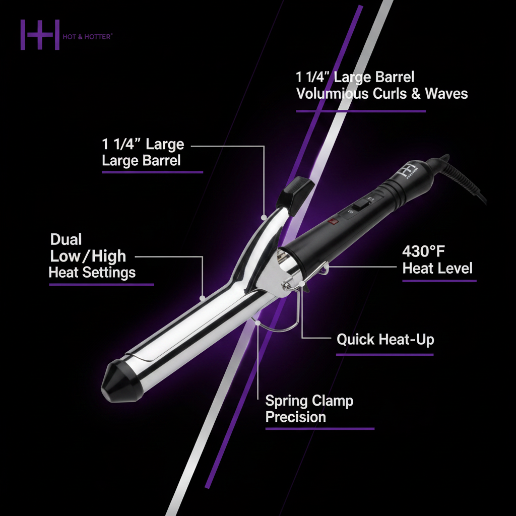 Hot & Hotter Electric Curling Iron 1 1/4 Inch — barrel size and heat settings diagram
