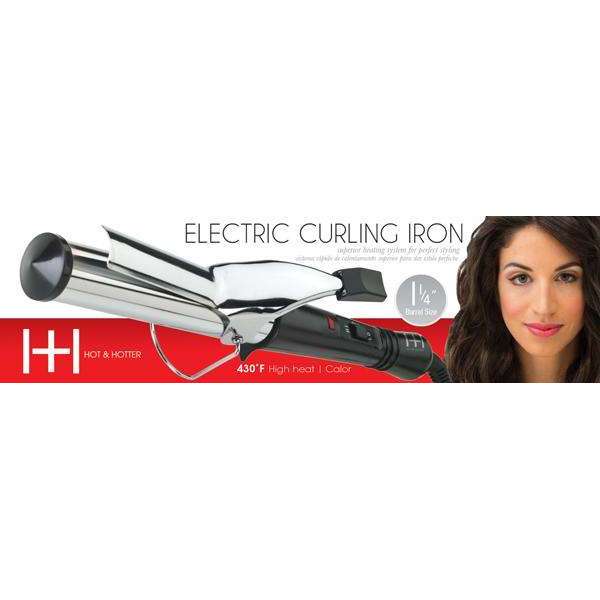 Hot & Hotter Electric Curling Iron 1 1/4 Inch — retail box with hairstyle image