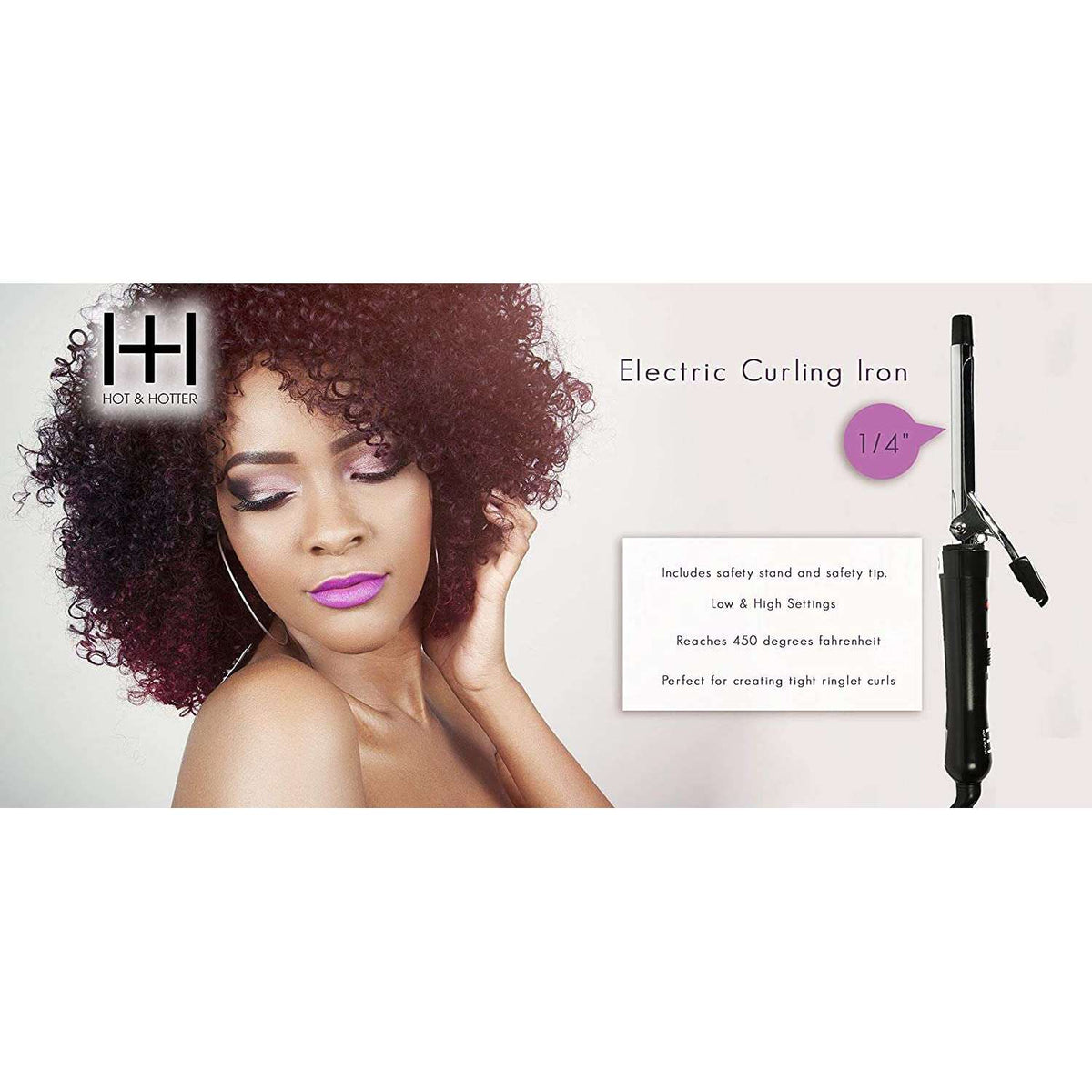 Hot & Hotter Electric Curling Iron 1/4 Inch — retail box with hairstyle image
