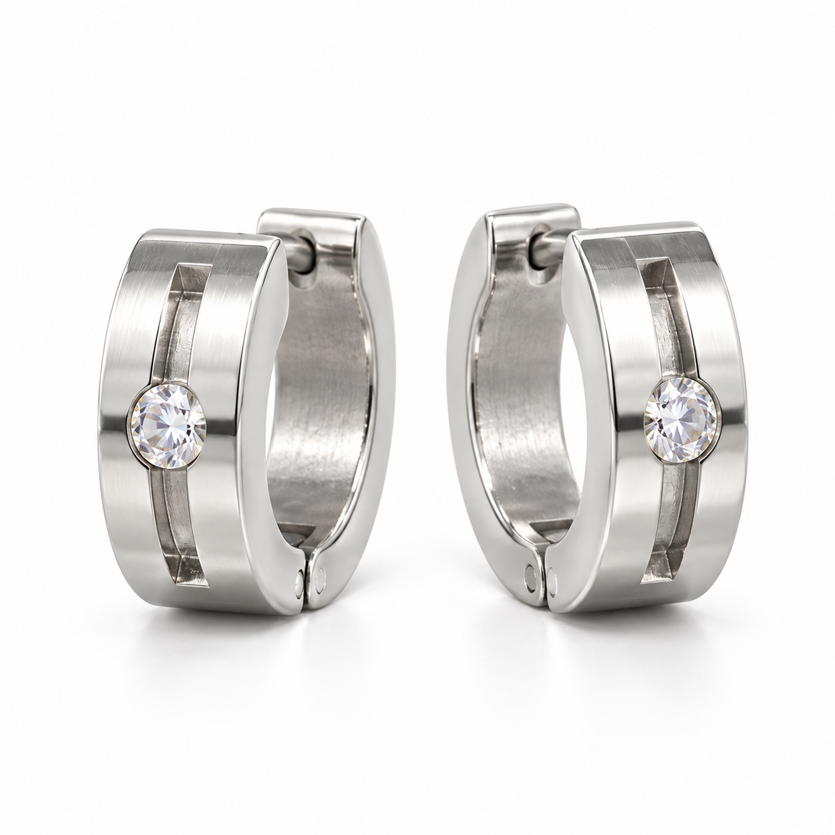 Silver-Tone Grooved Stone Hoop