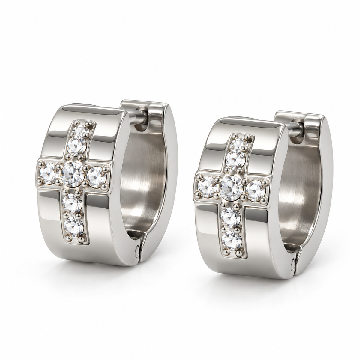 Silver-Tone Crystal Cross Hoop