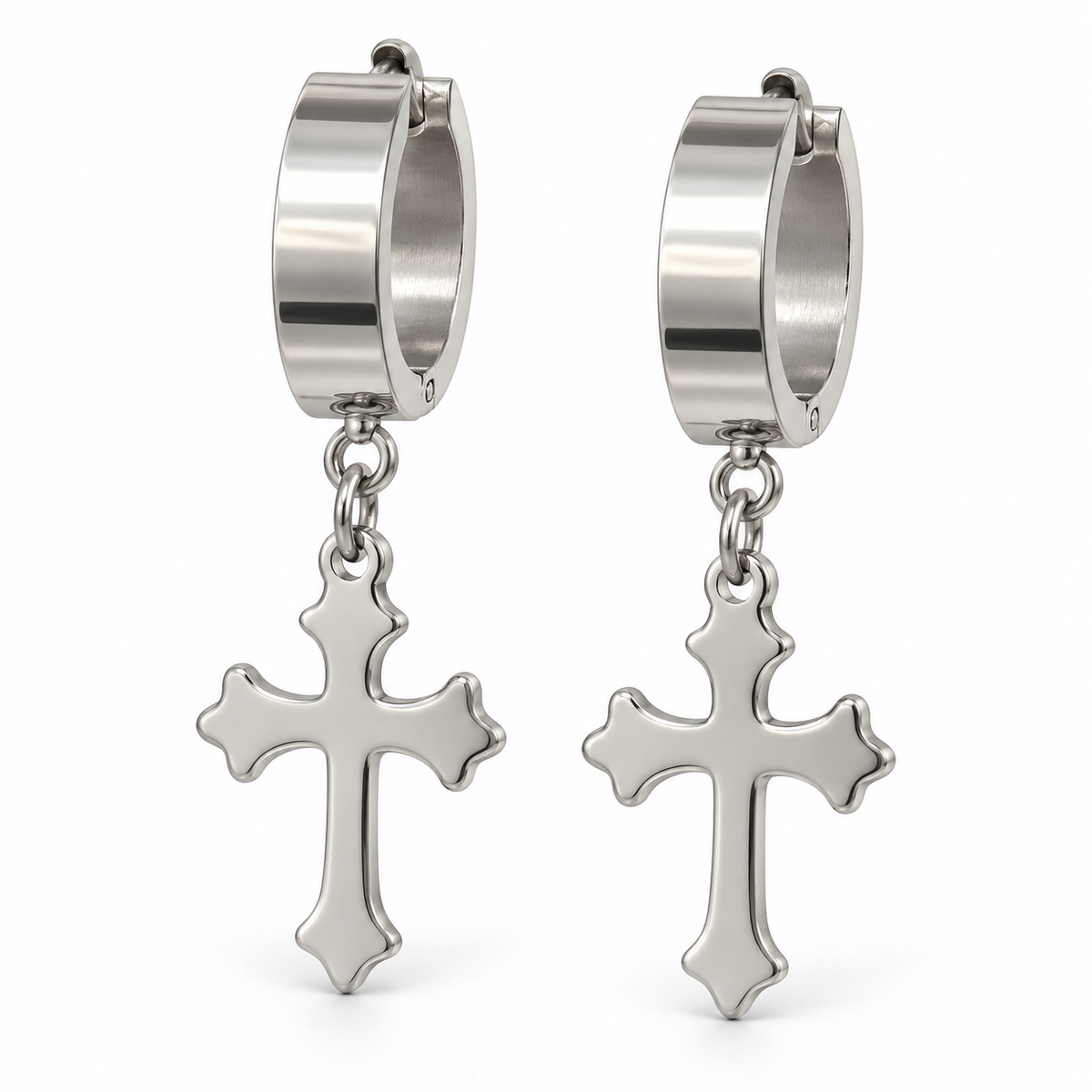 Silver-Tone Dangling Cross Hoop