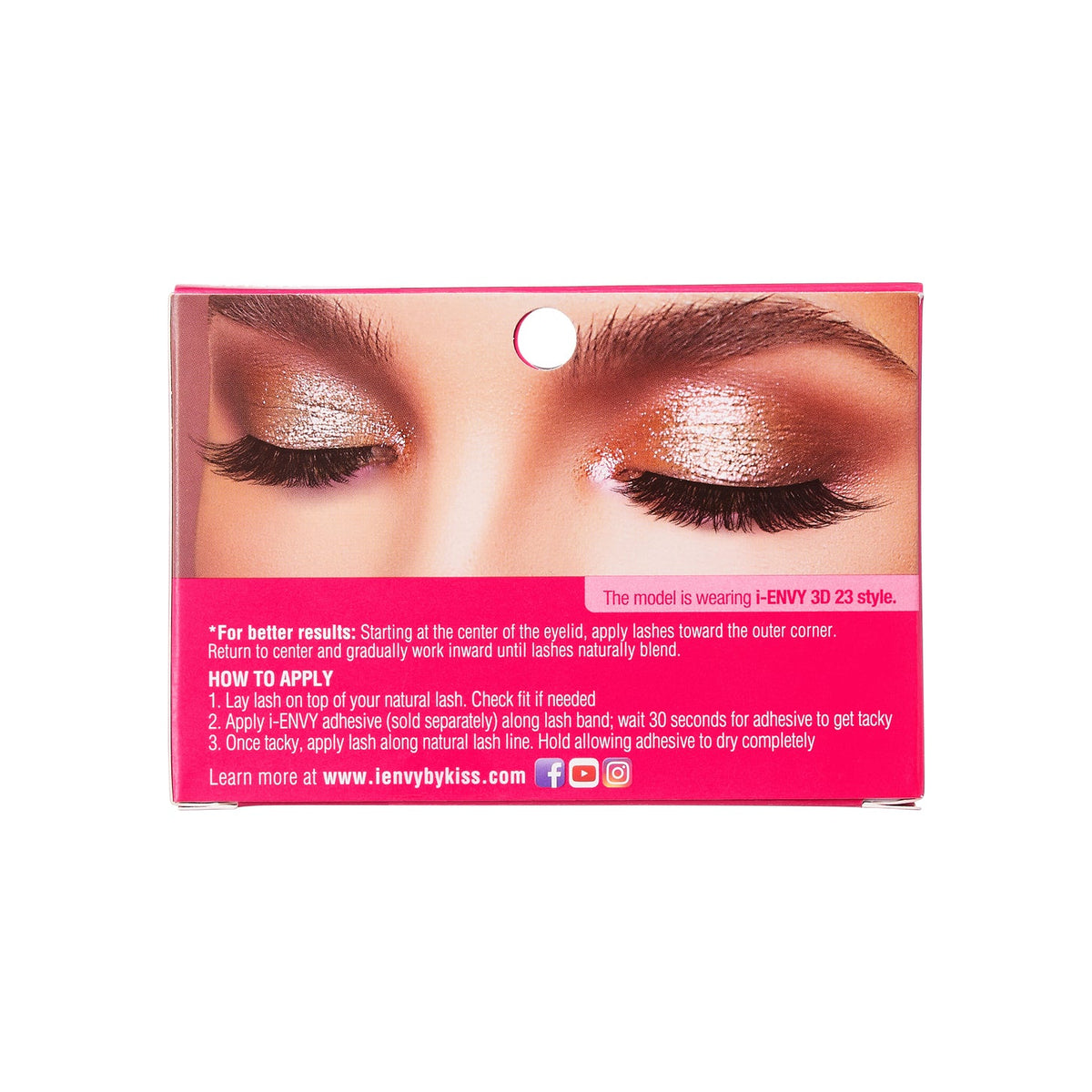The back of a product packaging for false eyelashes. The top half of the packaging features a close-up image of a woman's eyes with dramatic, glittery eye makeup and long, voluminous false eyelashes. Below the image, there is a pink section with white text providing instructions and information about the product.