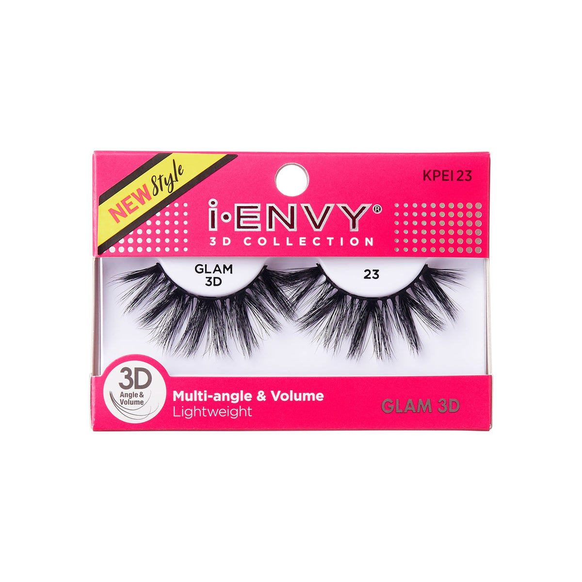 A package of i-ENVY 3D Collection false eyelashes. The packaging is predominantly pink and white with black text. The top left corner has a yellow label with "NEW Style" written on it. The brand name "i-ENVY" is prominently displayed in the center, with "3D COLLECTION" written below it. The product is identified as "GLAM 3D" with the number "23" on the right side.