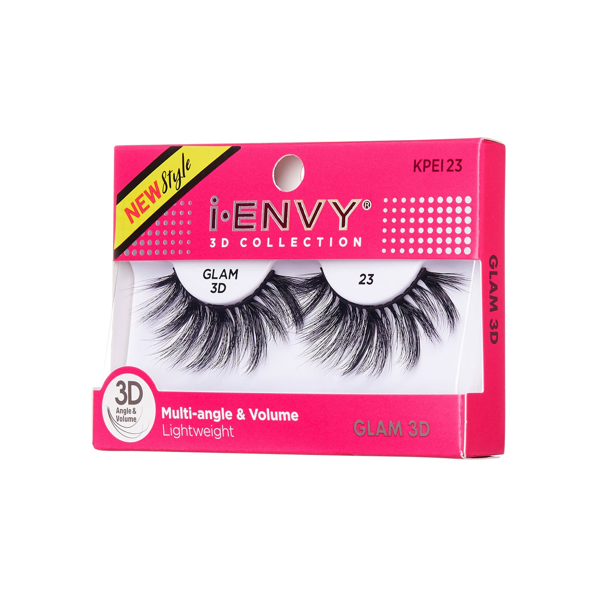 A package of false eyelashes from the brand "i-ENVY." The product is part of the "3D Collection" and is labeled as "GLAM 3D" with the style number "23." The packaging is predominantly pink with white and black accents. It features a "NEW Style" label in the top left corner.