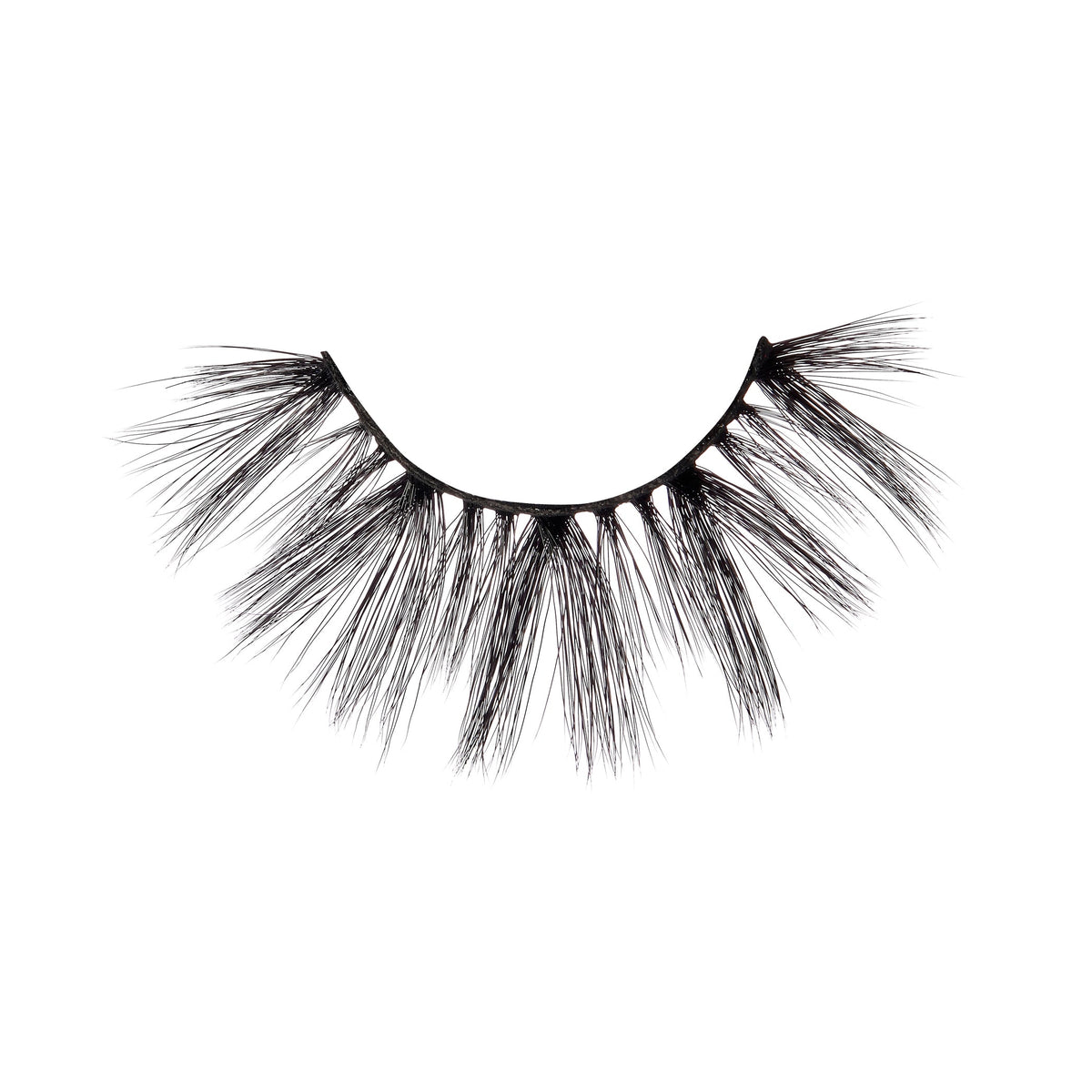 A single false eyelash. The eyelash is black and features a dramatic, voluminous design with long, thick, and wispy strands. The lashes are arranged in a slightly curved shape, mimicking the natural curve of the eye. The base of the eyelash is a thin, black band that holds the individual strands together. The overall appearance is bold and intended to enhance the fullness and length of natural eyelashes.