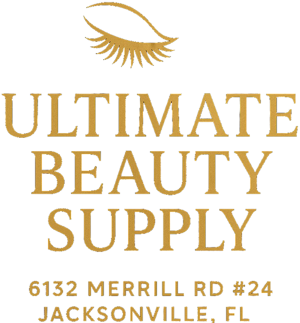 Logo of Ultimate Beauty Supply with a gold eyelash icon on a white background