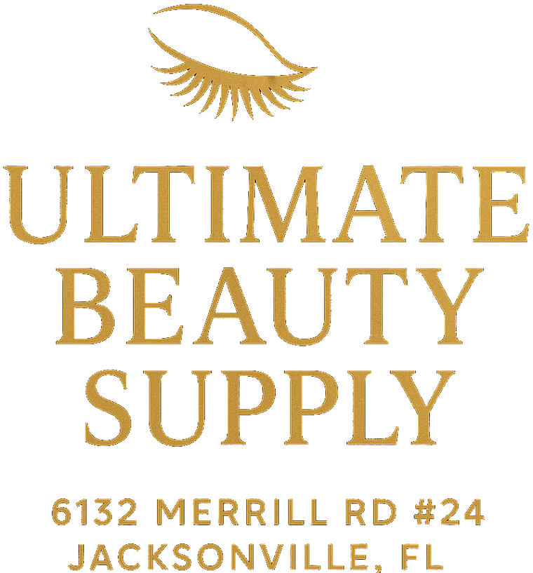 Logo of Ultimate Beauty Supply with a gold eyelash icon on a white background