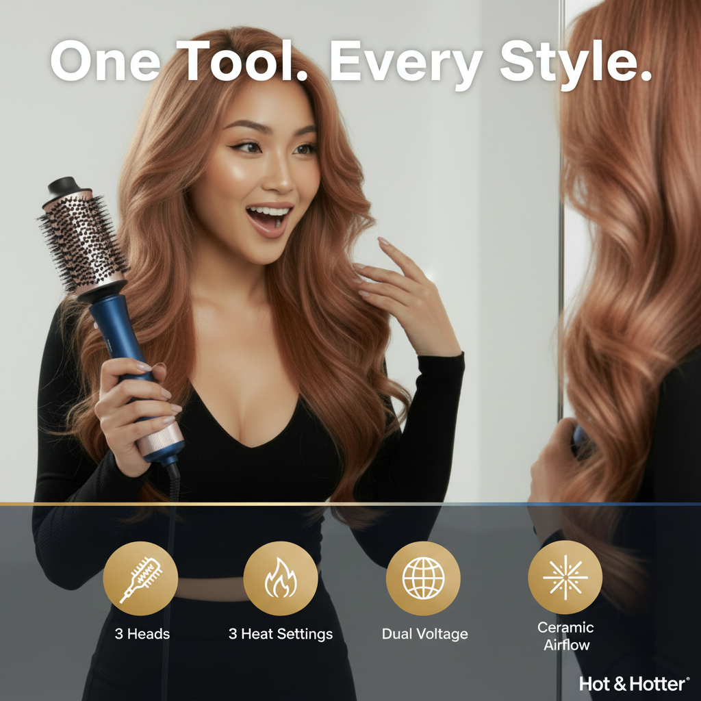 Hot & Hotter Interchangeable Hair Dryer Brush Set — styling demonstration at a mirror