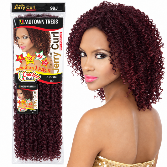 Motown Tress 4X Brazilian Jerry Curl Crochet Hair 18" – CJC.9M — model and retail package