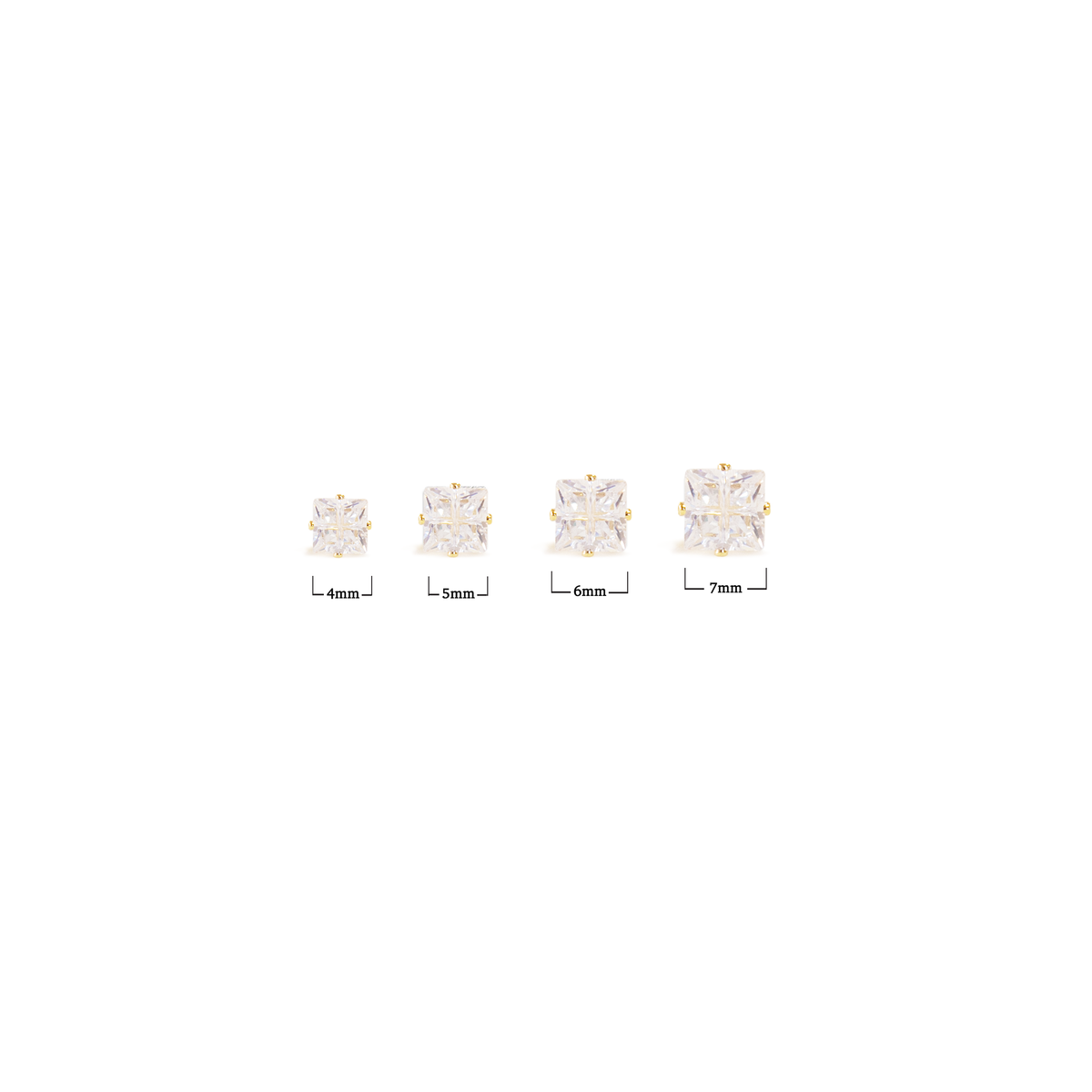 Joy Jewelry GF series divided-square cubic zirconia stud earrings, sizes 4mm to 7mm
