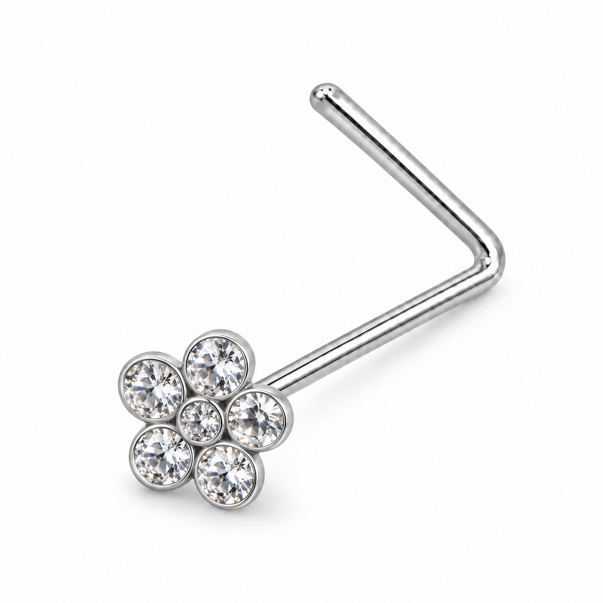 Joy Jewelry NL07 silver tone stone flower nose stud with L-shaped back