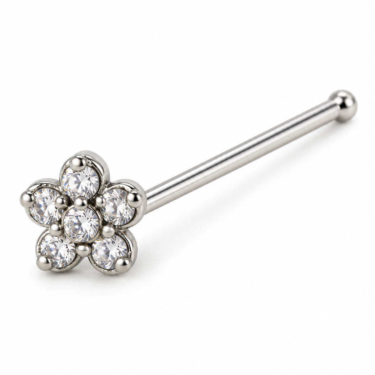 Joy Jewelry NS03 Silver Tone Stone Flower nose straight pin