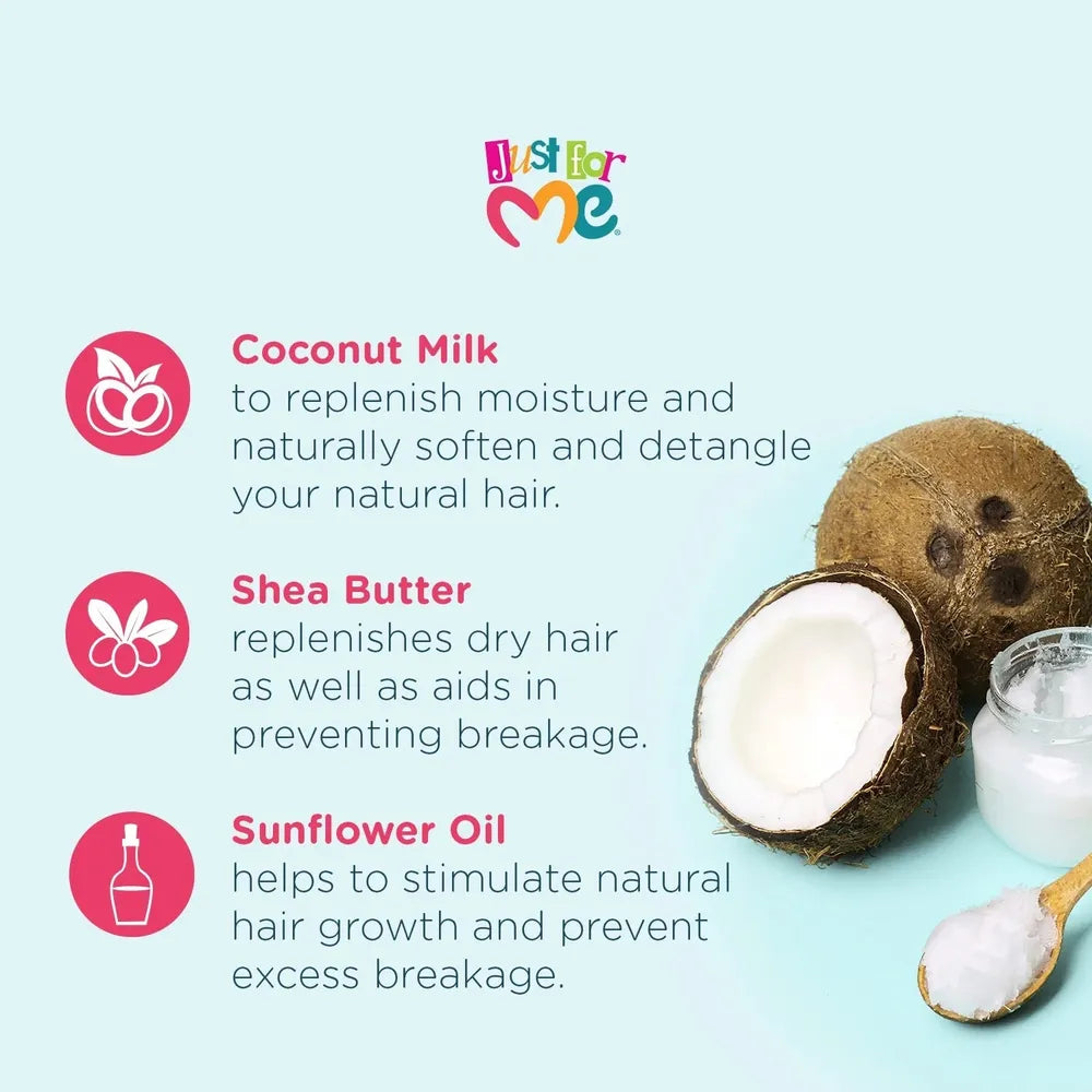 Just For Me ingredient graphic highlighting coconut milk, shea butter, and sunflower oil