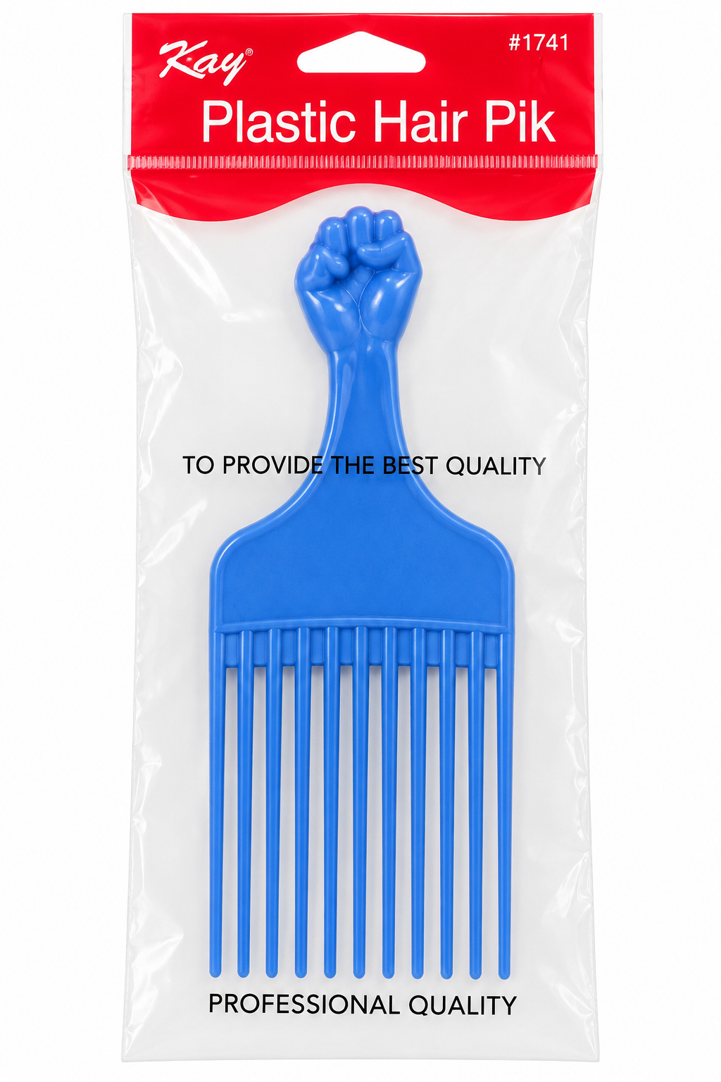 Kay #1741 Plastic Hair Pik in blue, packaged