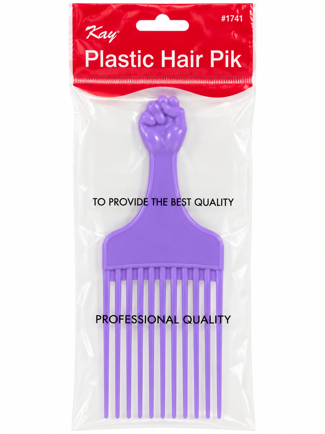 Kay #1741 Plastic Hair Pik in purple, packaged