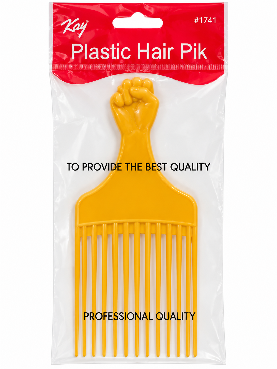 Kay #1741 Plastic Hair Pik in yellow, packaged