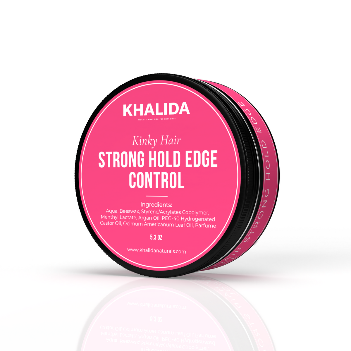Khalida Naturals Strong Hold Edge Control 5.3 oz pink lid and black jar