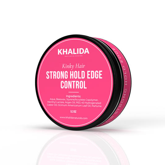 Khalida Naturals Strong Hold Edge Control 5.3 oz pink lid and black jar