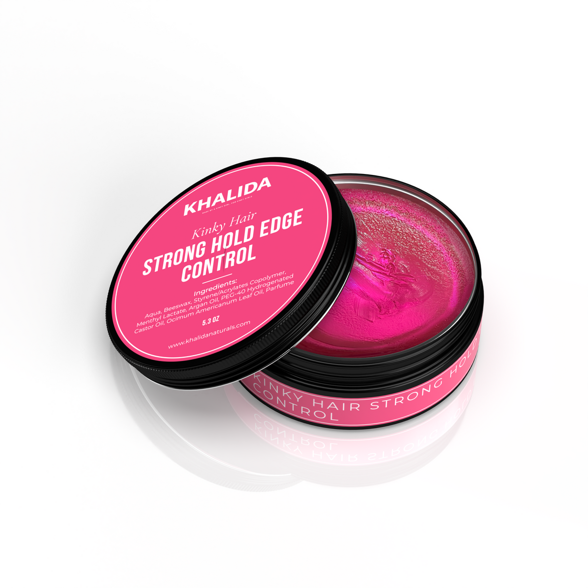 Open Khalida Naturals Strong Hold Edge Control jar showing pink product
