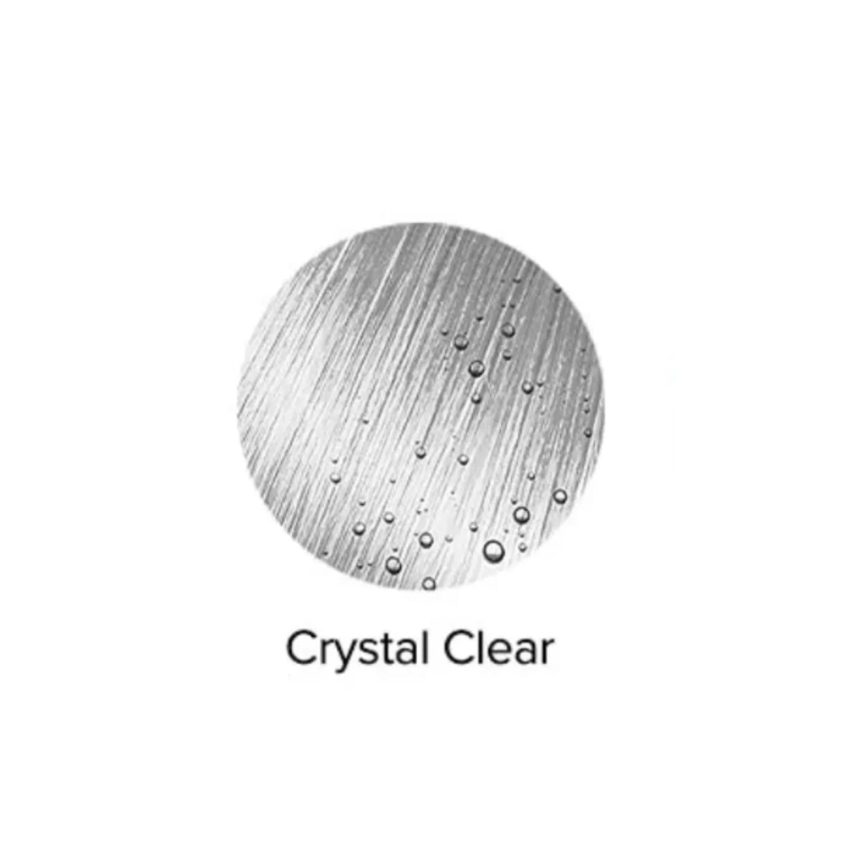 Crystal clear water droplets on a white background with 'Crystal Clear' text below.
