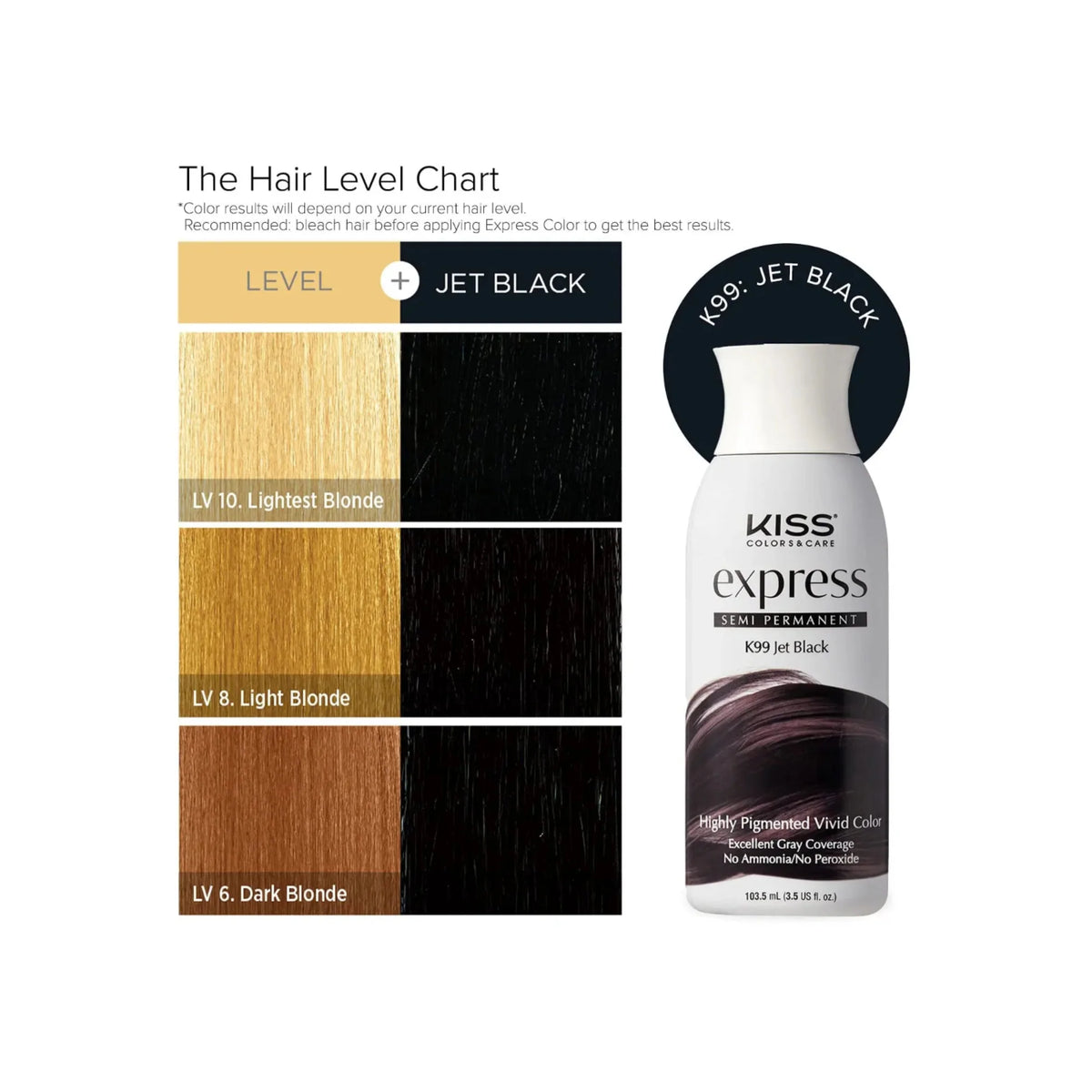 Kiss Express hair color chart with K99 Jet Black hair dye bottle.