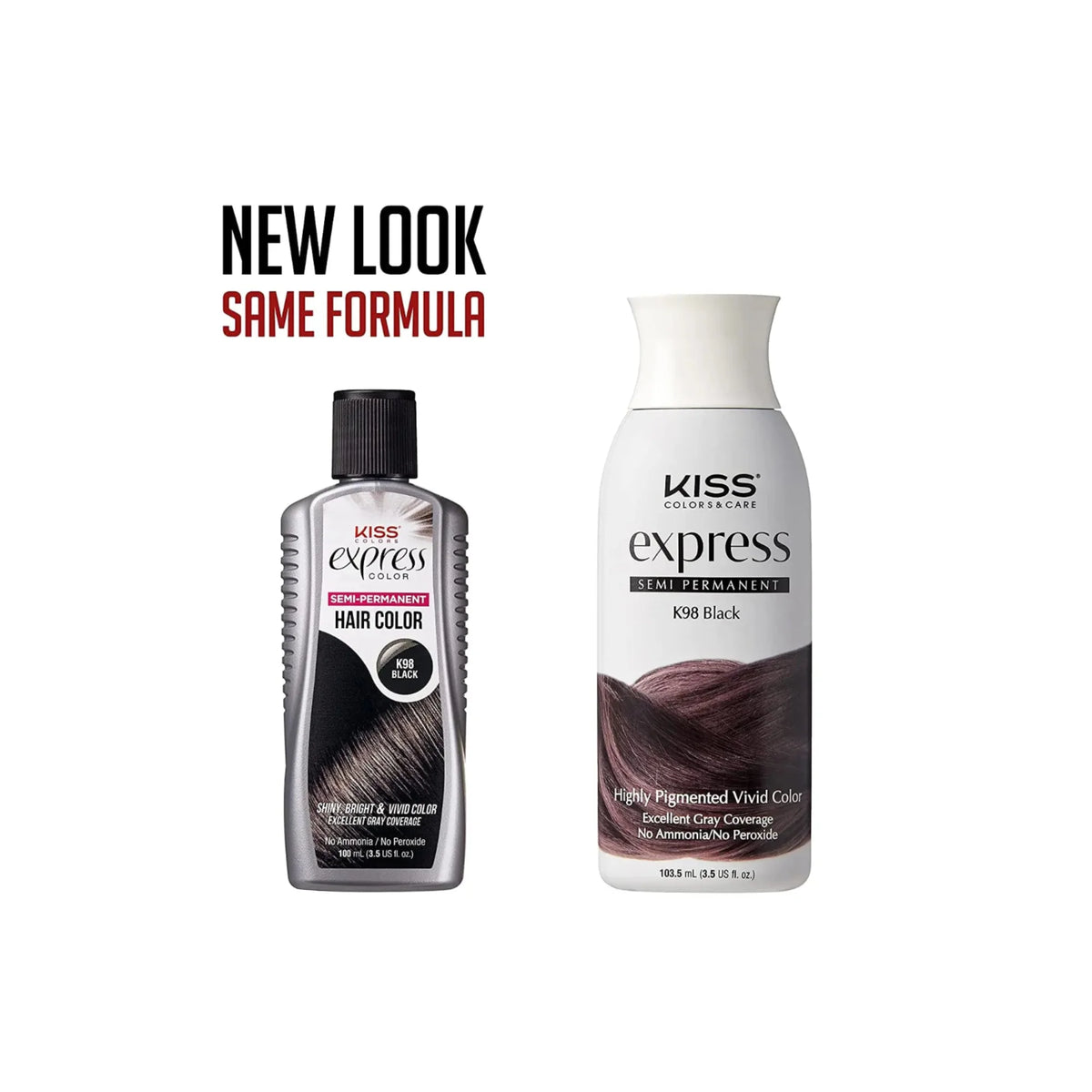 Two bottles of Kiss Express hair color with text 'New Look Same Formula' on a white background.