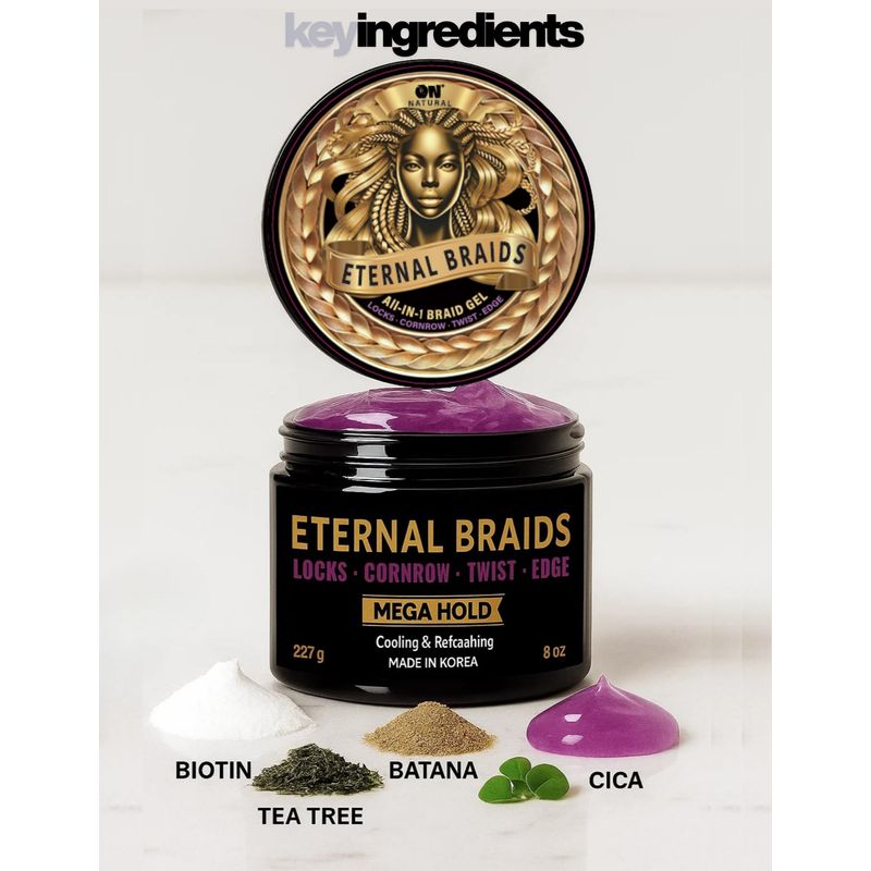 ON Natural Eternal Braids All-in-1 Braid Gel – Gel jar with ingredient illustrations