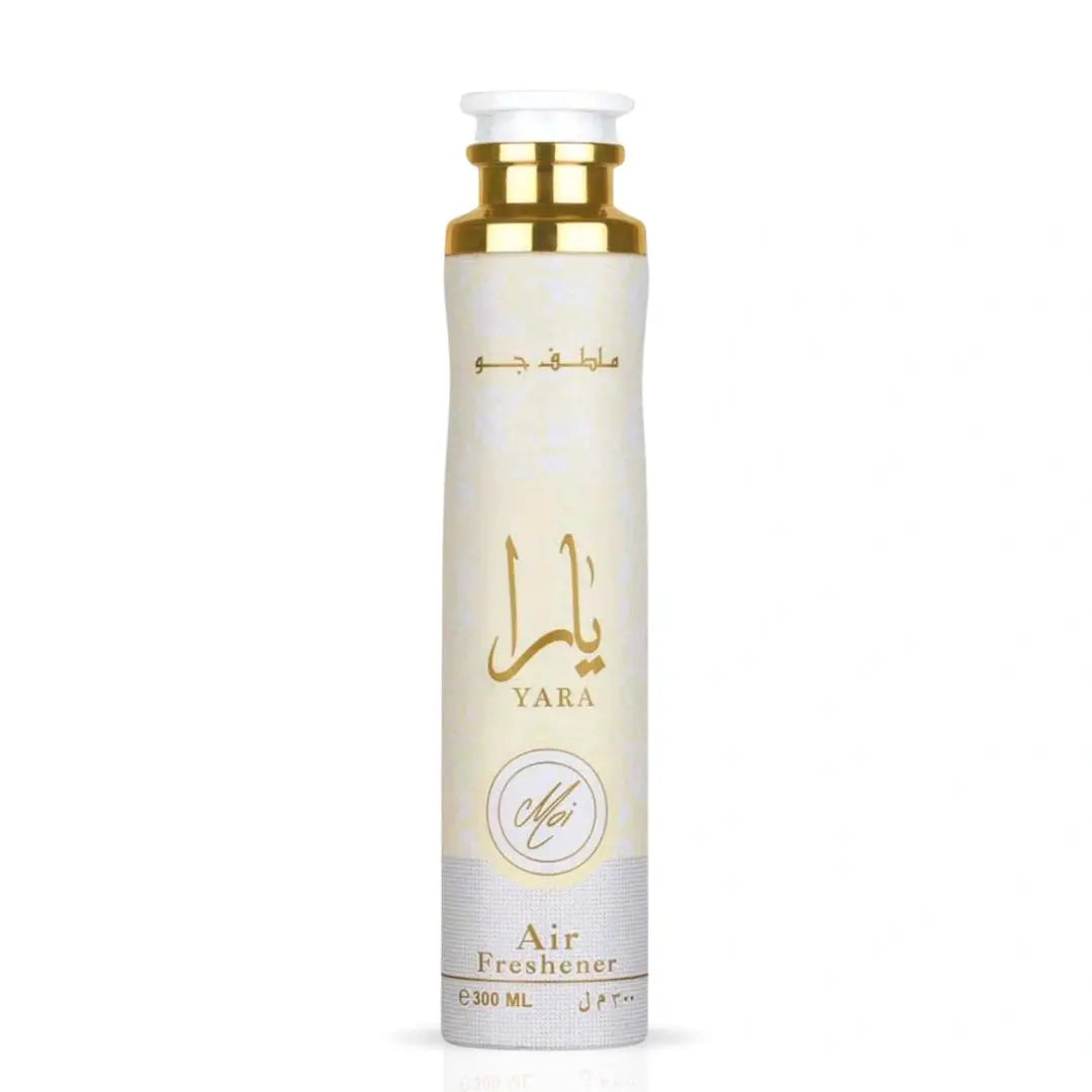 Lattafa Yara Moi 300 ml air freshener spray, cream white bottle with gold accents on clean background
