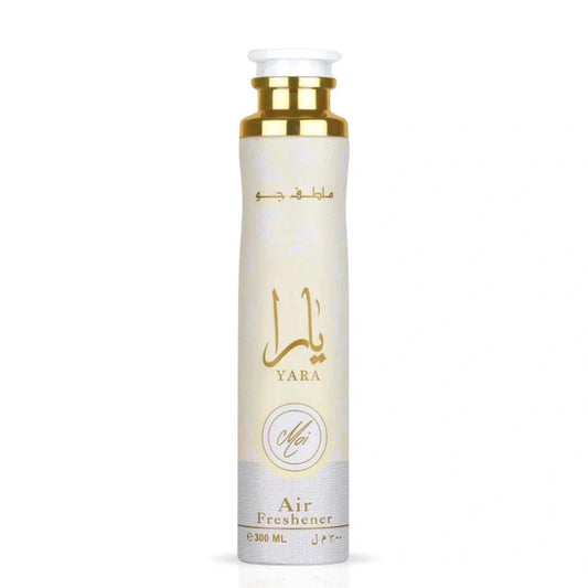 Lattafa Yara Moi 300 ml air freshener spray, cream white bottle with gold accents on clean background