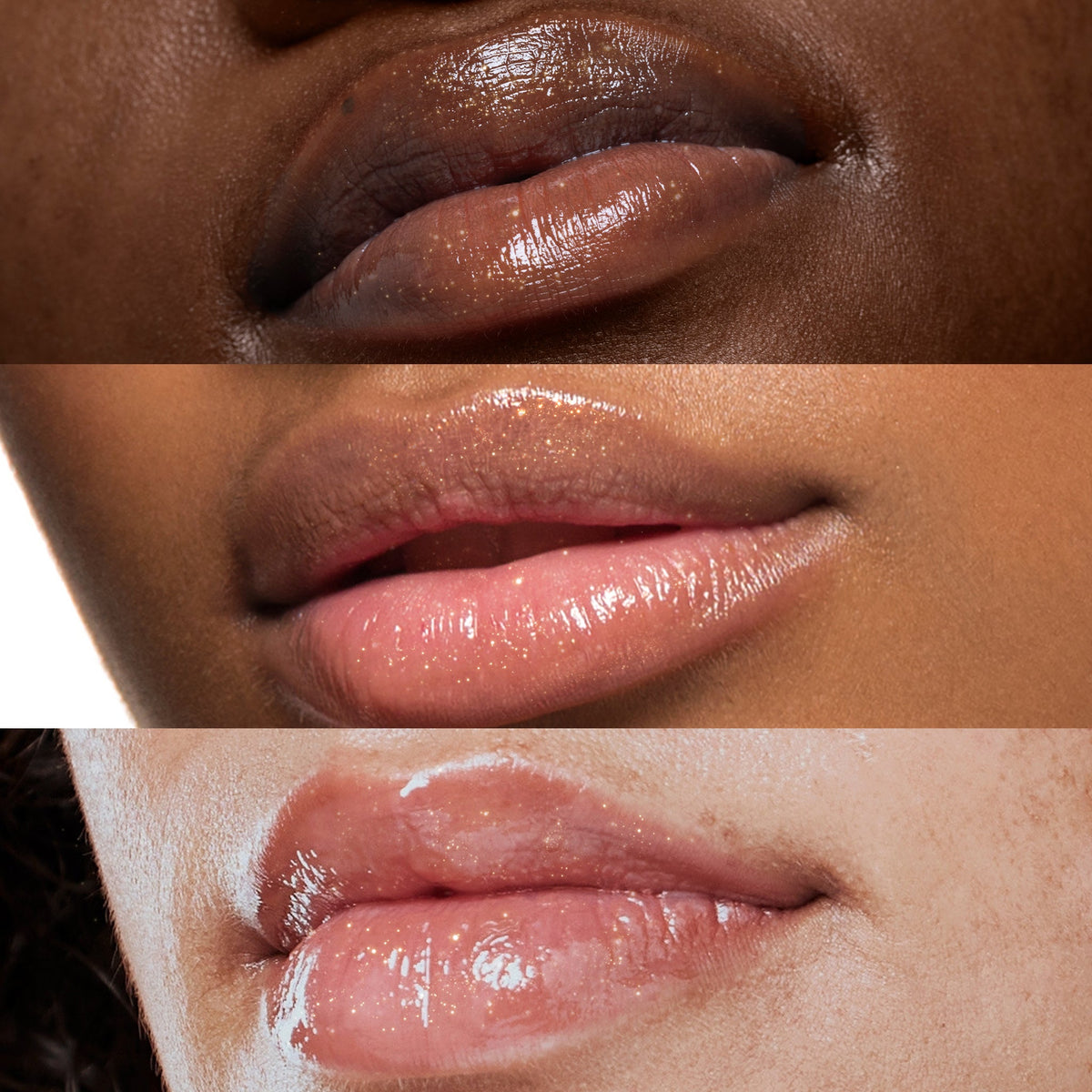Nicka K 24K Gold Lip Gloss, gloss finish on three lip close-ups