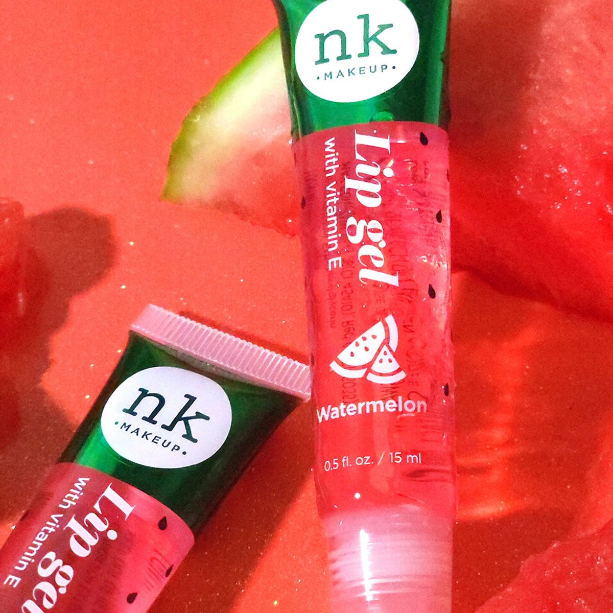 Nicka K Lip Gel, Watermelon tubes on fruit background
