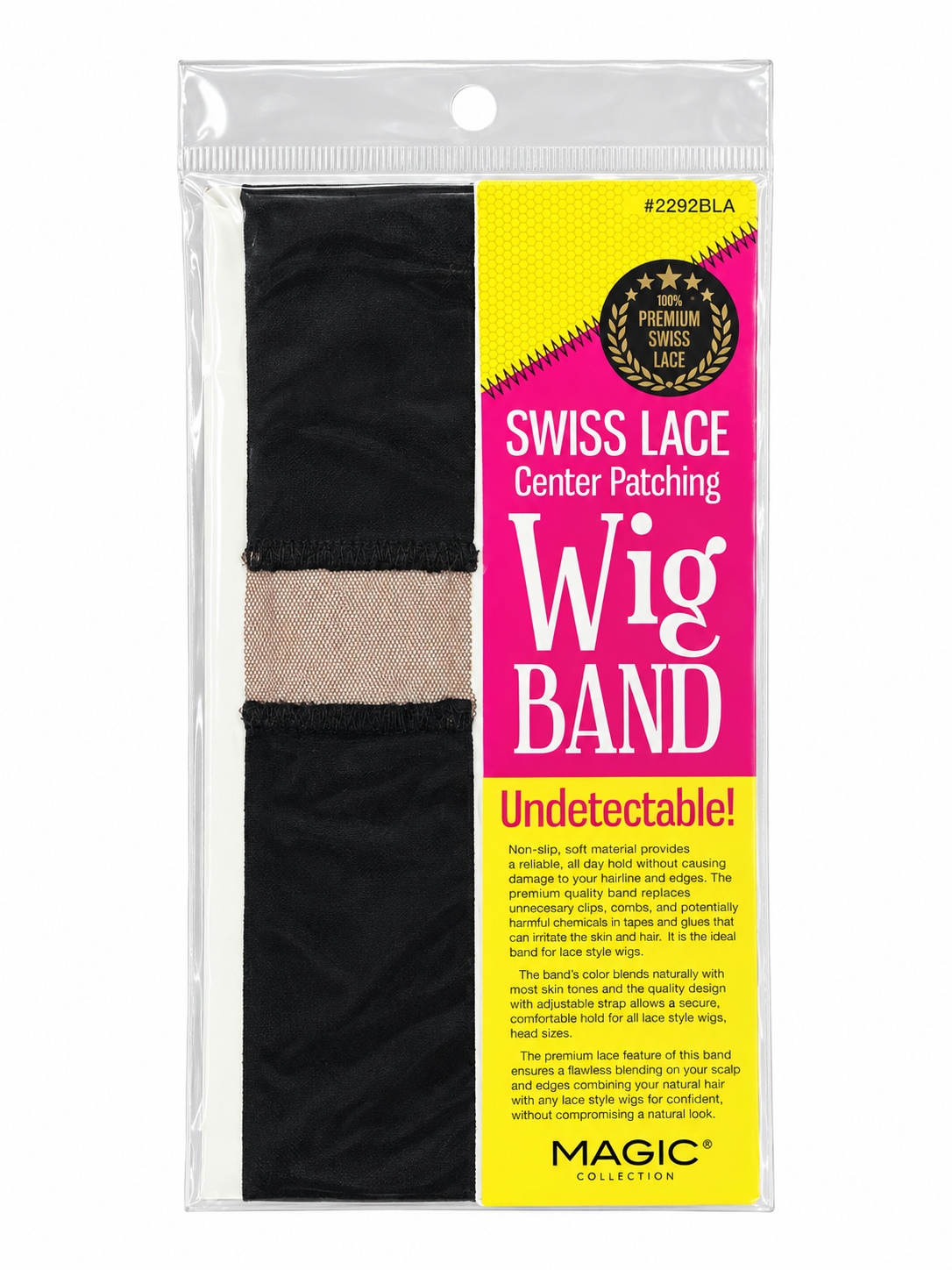 Magic Collection 2292BLA black Swiss lace center patching wig band in its original packaging