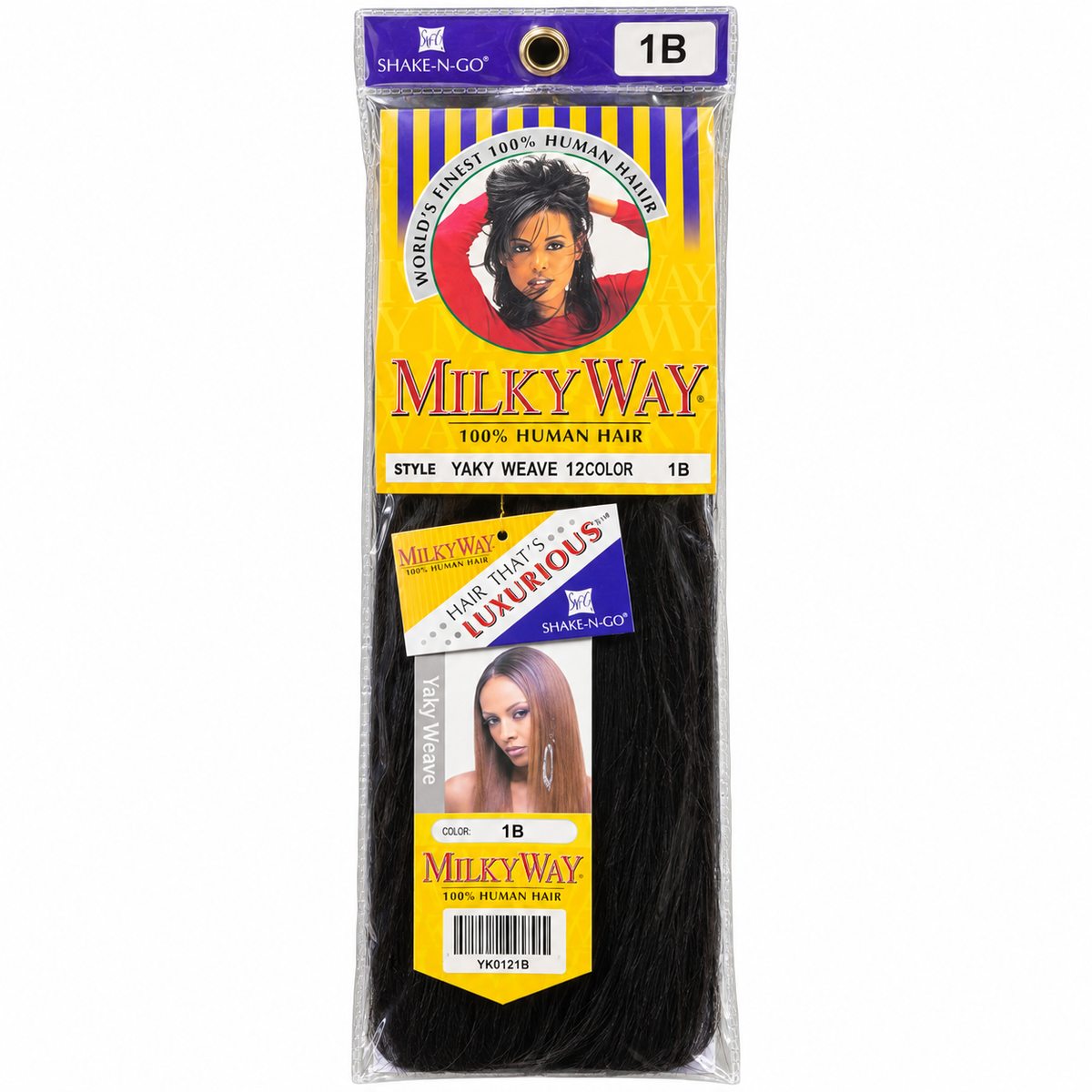 Milky Way Yaky 100% Human Hair Weave retail package — 12 inches, color 1B