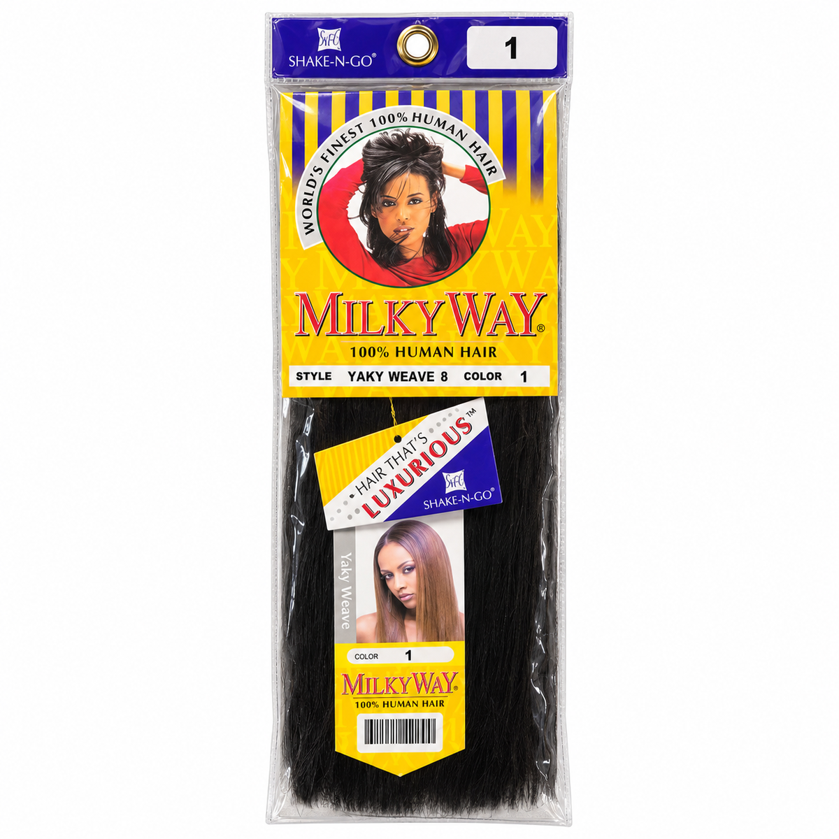 Milky Way Yaky 100% Human Hair Weave — 8 inch, color 1, full retail package