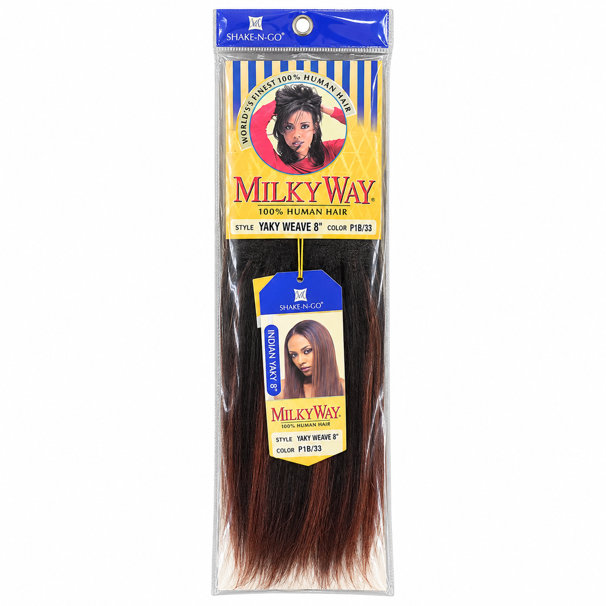 Milky Way Yaky 100% Human Hair Weave 8 inch color P1B/33 full package