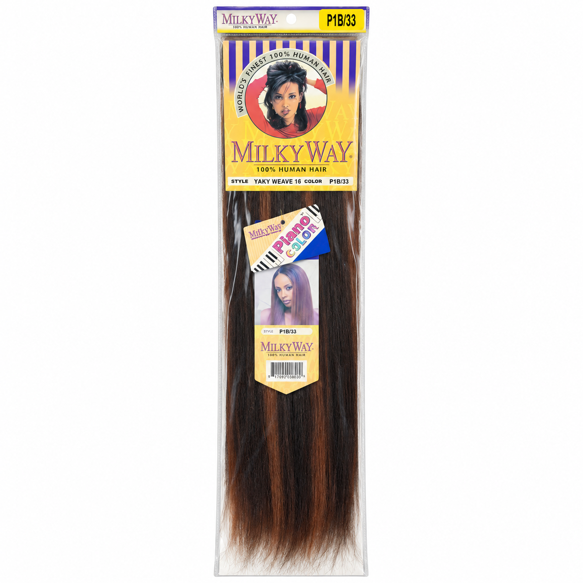 Milky Way Yaky 100% Human Hair Weave retail package — 16 inches, color P1B/33